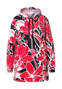 Felpa con cappuccio nera, bianca e rossa con motivo floreale. Maniche lunghe, collo con coulisse e tessuto morbido.