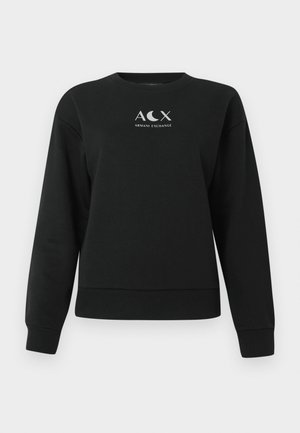 Hanorac cu maneci lungi, de culoare neagră, cu guler rotund, având logo-ul Armani Exchange care prezintă simbolurile "A C X" și luna crescătoare pe piept.