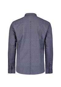 Langarmshirt van donkerblauwe stof met een geometrisch patroon in lichtere tinten, voorzien van een puntkraag en knoopmanchetten.