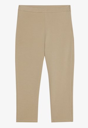 Helle beige, dehnbare Leggings mit glatter Textur, mittelhohem Bund und geraden Beinen. Keine sichtbaren Nähte oder Muster.