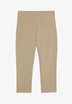 Helle beige, dehnbare Leggings mit glatter Textur, mittelhohem Bund und geraden Beinen. Keine sichtbaren Nähte oder Muster.