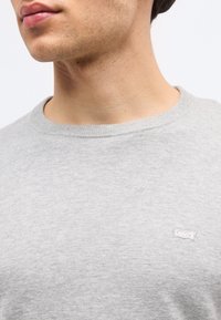 Gros plan sur une personne portant un sweat-shirt Levi's à col rond gris clair, montrant l'encolure et un petit logo sur la poitrine.