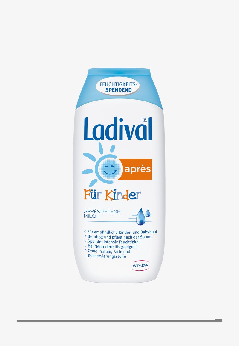 Ladival moisturizing lotion for children in a white bottle with a blue cap. Features a smiling sun icon and water droplet graphics.