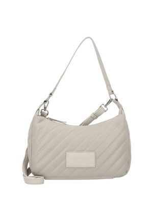 Borsa a spalla beige trapuntata realizzata in materiale sintetico liscio, con tracolla regolabile e una piccola etichetta del marchio sul davanti.