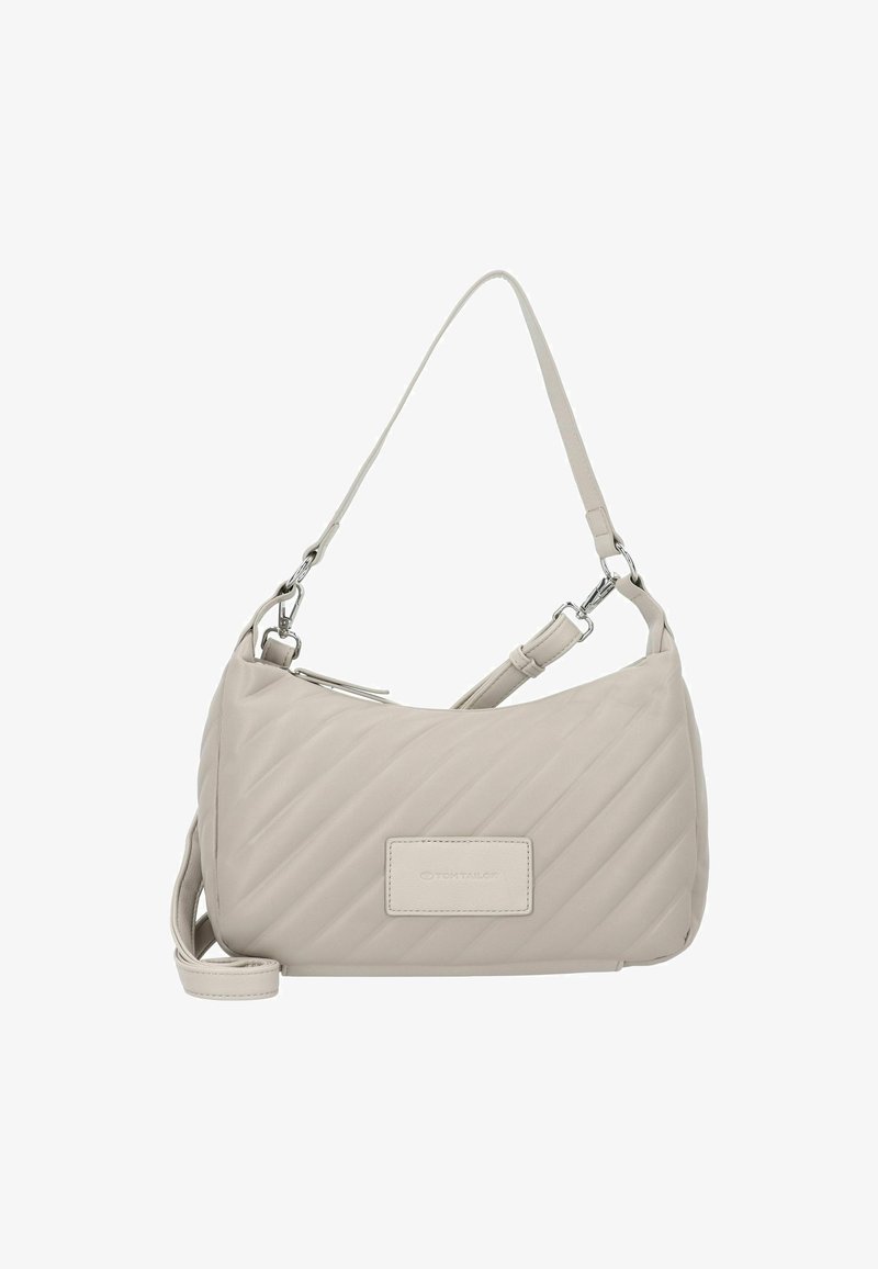 Gepolsterte beige Schultertasche aus glattem synthetischem Material, mit verstellbarem Trageriemen und einem kleinen Markenlogo-Patch an der Vorderseite.