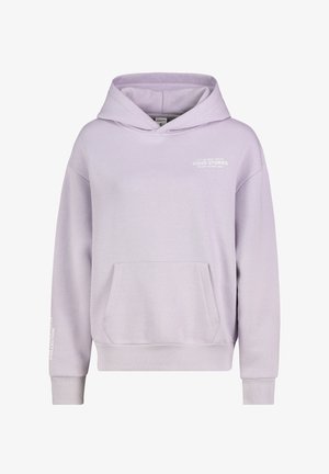 Hellblaue Kapuzenjacke aus weichem Stoff, mit einer Fronttasche, einer verstellbaren Kapuze und Textakzenten auf der Brust und dem Ärmel.