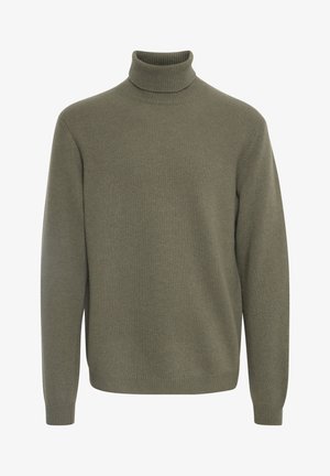 Olijfgroene coltrui gemaakt van zachte, gestructureerde stof; beschikt over lange mouwen en geribde manchetten en kraag.