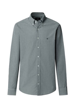 Overhemd met lange mouwen en knoopsluiting in zwart-wit ruitpatroon, met een klassieke kraag en logo op de borst.