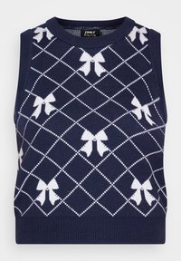 Marineblauer ärmelloser Pullover mit einem weißen Diamantmuster, verziert mit kleinen weißen Schleifen und einem gerippten Halsausschnitt sowie Saum.