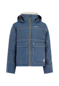 Denimjack dat voorzien is van een ritssluiting aan de voorkant, twee voorzakken, grijze voering en een capuchon. Het ontwerp bevat witte stiksels en een logo op de borst.