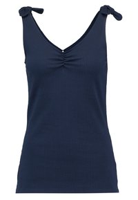 Navyblaues geripptes Tanktop mit V-Ausschnitt und gerafftem Mittelteil. Verfügt über verstellbare Stoffträger mit Schleifen. Weiches, dehnbares Material.