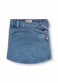 Jeans mini krilo v svetlo modri barvi z ravnim krojem in zaobljenim robom. Ima stransko zapiranje na gumb in sprednji žep.