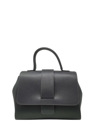 Borsa a mano in pelle grigio scuro con forma strutturata, manico superiore e chiusura a pattina con cuciture a contrasto e superficie testurizzata.