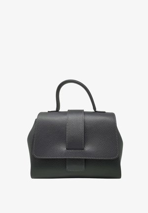 Borsa a mano in pelle grigio scuro con forma strutturata, manico superiore e chiusura a pattina con cuciture a contrasto e superficie testurizzata.
