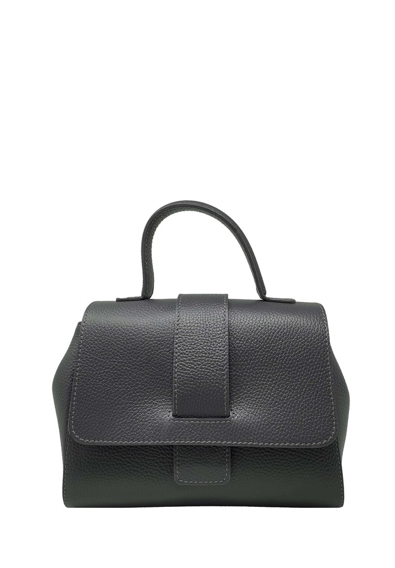 Czarna torba skórzana w ciemnoszarym kolorze o zdefiniowanym kształcie, z górnym uchwytem i zapięciem na klapę, z kontrastowym przeszyciem i fakturowaną powierzchnią.