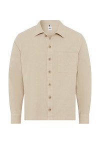 Beige long-sleeve shirt made of lightweight fabric, featuring a button-up front, classic collar, and a single chest pocket.