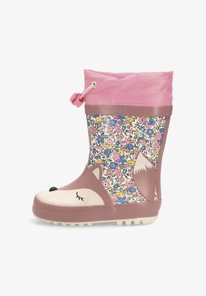 Botas de lluvia de goma marrón con parte superior rosa. Presenta un patrón floral y un diseño de zorro en la punta. Cordon ajustable en el cuello.