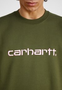 Felpa verde oliva con colletto tondo, caratterizzata da un grande logo ricamato in rosa "carhartt" in un font moderno. Texture morbida.
