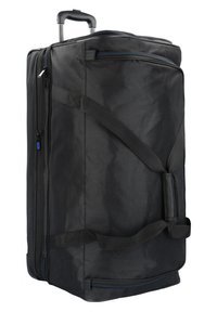 Zwarte gewatteerde sporttas gemaakt van duurzaam polyester, met een telescopische handgreep, zijbanden en blauwe ritsaccenten. Rectangulaire vorm.