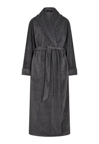 Grauer Fleece-Bademantel mit Schalkragen, langen Ärmel, einer Schnürung in der Taille und einer glatten Textur. Verfügt über umklappbare Manschetten und einen knielangen Schnitt.