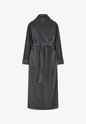 Gray fleece bathrobe with a shawl collar, long sleeves, a tie waist, and a smooth texture. Features foldable cuffs and a knee-length cut.