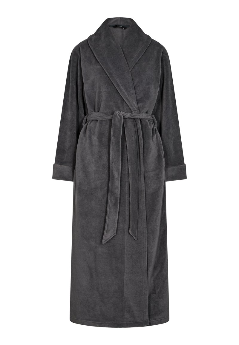 Grauer Fleece-Bademantel mit Schalkragen, langen Ärmel, einer Schnürung in der Taille und einer glatten Textur. Verfügt über umklappbare Manschetten und einen knielangen Schnitt.