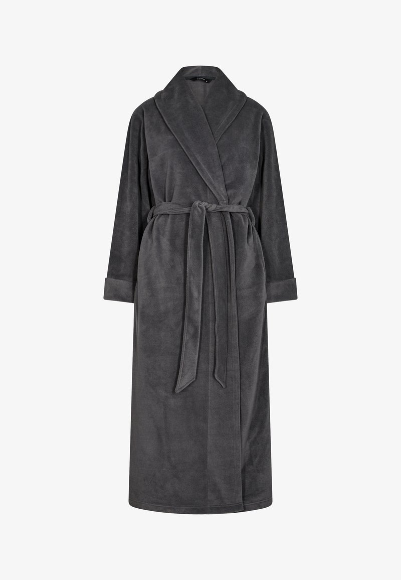 Gray fleece bathrobe with a shawl collar, long sleeves, a tie waist, and a smooth texture. Features foldable cuffs and a knee-length cut.