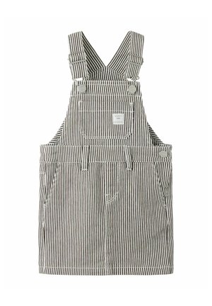 Sort-hvid stribet denim overall kjole med justerbare skulderstropper og forreste brystlomme med en lille hvid label.