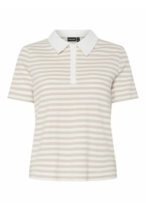 Polo majica kratkih rukava sa ovratnikom, s izmjenjivim svijetlo bež i bijelim prugama, sa zakopčavanjem na dugmad i rebrastom teksturom.