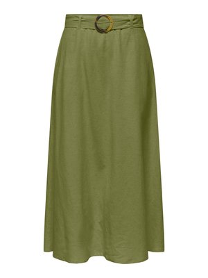 Olivengrønn midi-skjørt med høy midje, festet belte og rund skjellmønstret spenne.