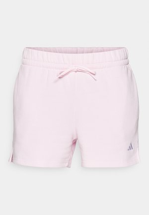 Lichtroze katoenen shorts met een elastische tailleband, gestrikt met een trekkoord. Bevat zijslits en een klein paars logo-detail.