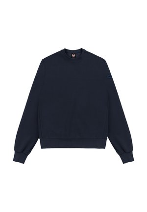 Sweat-shirt col rond bleu marine à manches longues, avec poignets et ourlet côtelés, et petit logo circulaire sur la partie supérieure gauche de la manche.