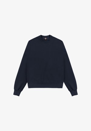 Sweat-shirt col rond bleu marine à manches longues, avec poignets et ourlet côtelés, et petit logo circulaire sur la partie supérieure gauche de la manche.