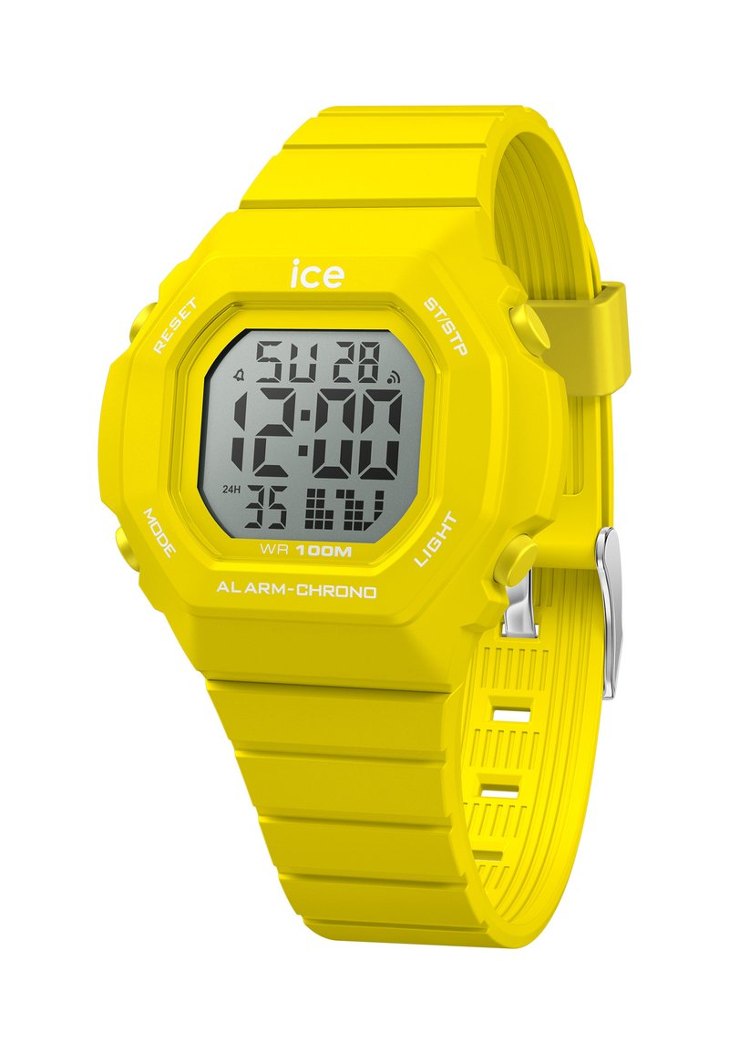 Orologio digitale con un brillante cinturino in silicone giallo e una cassa rettangolare. Le caratteristiche includono un allarme, cronografo e resistenza all'acqua fino a 100 m.