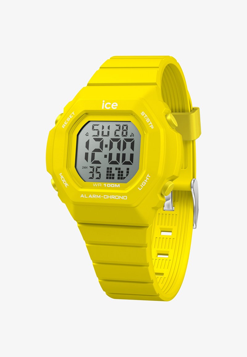 Reloj digital con una brillante correa de silicona amarilla y una cara rectangular. Sus características incluyen alarma, cronógrafo y resistencia al agua de hasta 100 m.