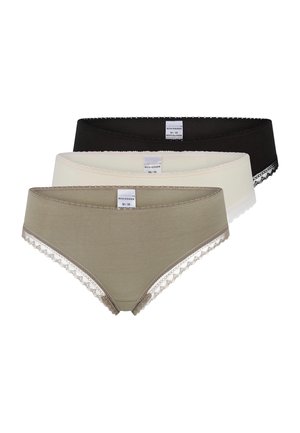 Three pairs of women's hipster briefs in black, cream, and olive green. Soft fabric with lace trim along the waistband and legs.