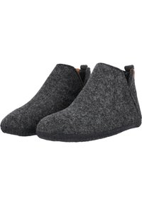Wollen vilten slippers in donkergrijs, met een ronde neus, lage enkel en minimale stiksels. Rubberen zolen zorgen voor duurzaamheid en grip.
