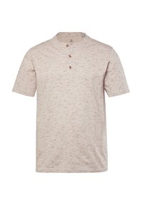 Camisa de manga corta en beige claro con un patrón texturizado; cuenta con un cuello redondo y tres botones en el frente. Material de algodón suave.