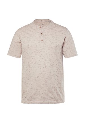 Kurzarmshirt in hellbeige mit strukturiertem Muster; verfügt über einen runden Halsausschnitt und drei Knöpfe an der Vorderseite. Weiches Baumwollmaterial.