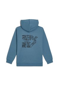Modrá mikina s kapucňou, ktorá na chrbte obsahuje čiernu grafiku s textom "FROZEN O'NEILL WAVE CULT" a ilustráciami rúk.