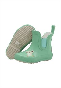 Bottines de pluie en caoutchouc vert avec un motif de koala, semelle texturée, panneaux latéraux élastiques et hauteur au niveau de la cheville ; finition lisse et construction robuste.