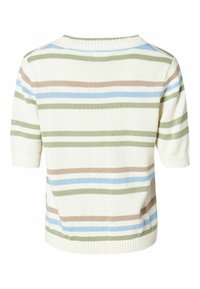 Kurzarmpullover in Creme mit horizontalen Streifen in Grün, Braun und Blau. Mit geripptem Hals- und Ärmelbündchen, weichem Strickmaterial.