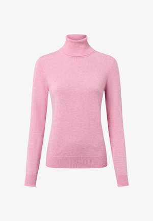 Helle rosa, langärmeliger Rollkragenpullover. Hergestellt aus weichem Strickstoff mit glatter Textur. Figurbetonte Silhouette mit Rippendetails an den Bündchen und am Saum.