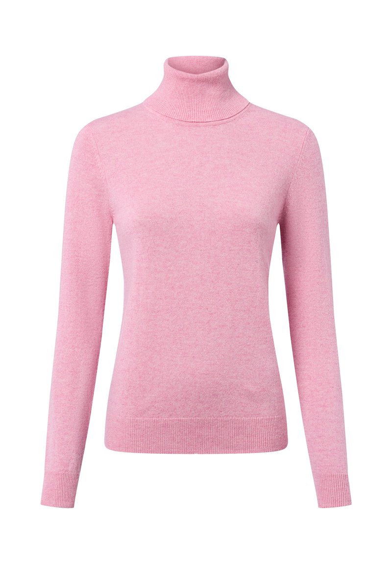 Helle rosa, langärmeliger Rollkragenpullover. Hergestellt aus weichem Strickstoff mit glatter Textur. Figurbetonte Silhouette mit Rippendetails an den Bündchen und am Saum.