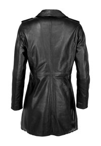 Schwarze Lederjacke mit einem eleganten Design, ausgestattet mit einem Kragen, langen Ärmeln und geschwungenen Nähten. Glatte Textur mit einer taillierten Passform.