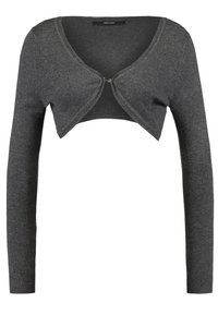 Šedý zkrácený cardigan s dlouhými rukávy, s kulatým výstřihem a zapínáním vepředu. Měkká pletená textura. Klasický design.