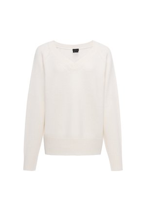 Weißer langärmeliger Strickpullover mit V-Ausschnitt und gerippten Bündchen und Saum, dargestellt auf einem einfachen weißen Hintergrund.