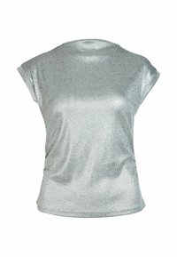 Srebrna metalik majica s kratkim rukavima, sa suptilnom rebrastom teksturom, okruglim izrezom i blago labavim krojem.