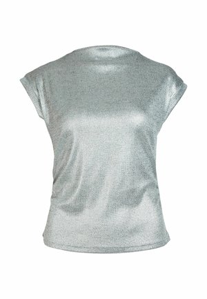 Strieborný metalický top s krátkym rukávom, jemne ryhovanou textúrou, okrúhlym výstrihom a mierne voľným strihom.