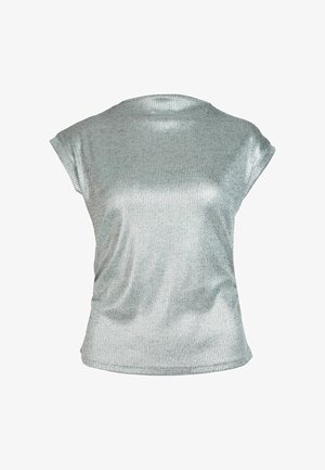Zilver metallic shirt met korte mouwen, subtiele ribbelstructuur, ronde halslijn en een iets losse fit.